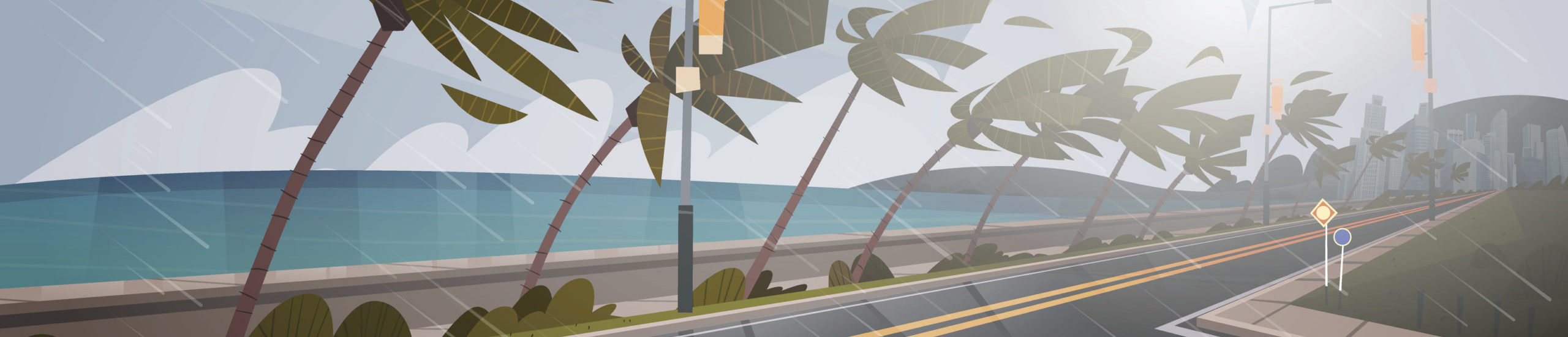 Tornado Incoming From Sea Hurricane In Ocean Huge Wind Over Palm Trees And Road Tropical Natural Disaster Concept Flat Vector Illustration
