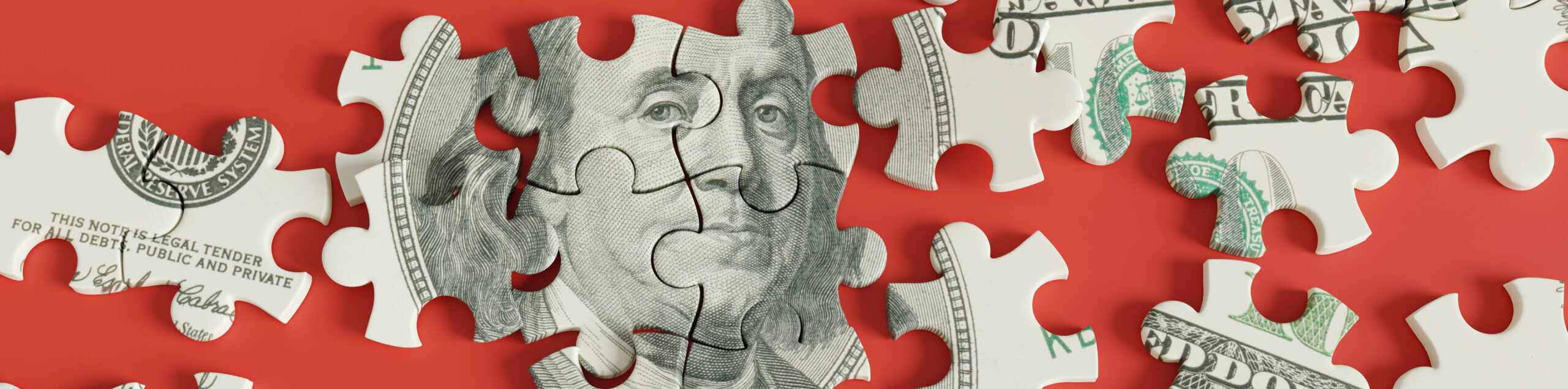 Jigsaw puzzle of US dollar 100 bill scattered on red background. Illustration of the concept of the crisis of US dollar dominant status