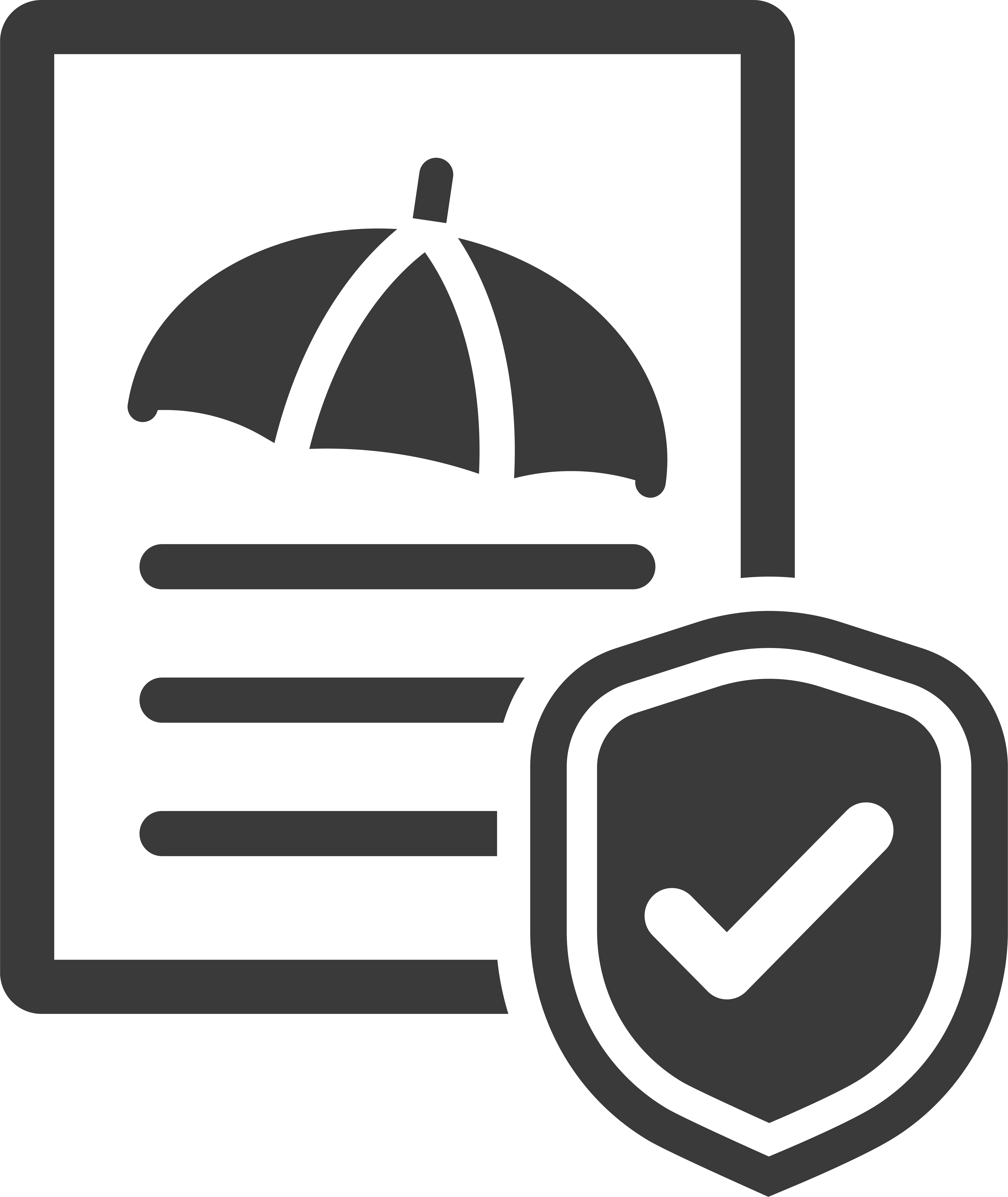 Grey illustration of a contract and shield with a check mark