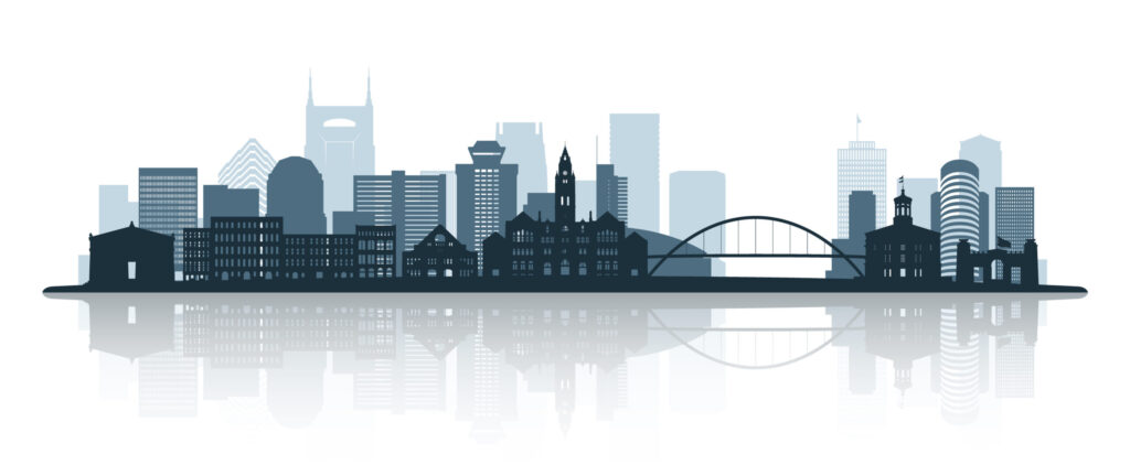 Nashville skyline silhouette with reflection. Landscape Nashville, Tennessee. Vector illustration.